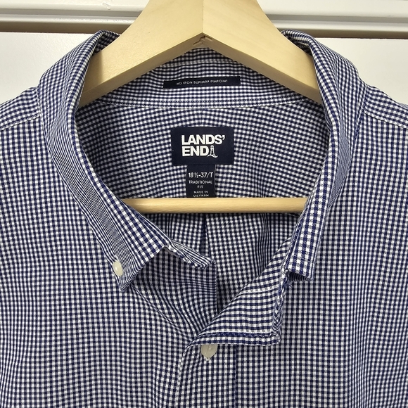 Lands End Dress Shirt Mens Button Up XXL 18.5 Blue Gingham Check 37/T Oeko-Tex - Picture 8 of 9